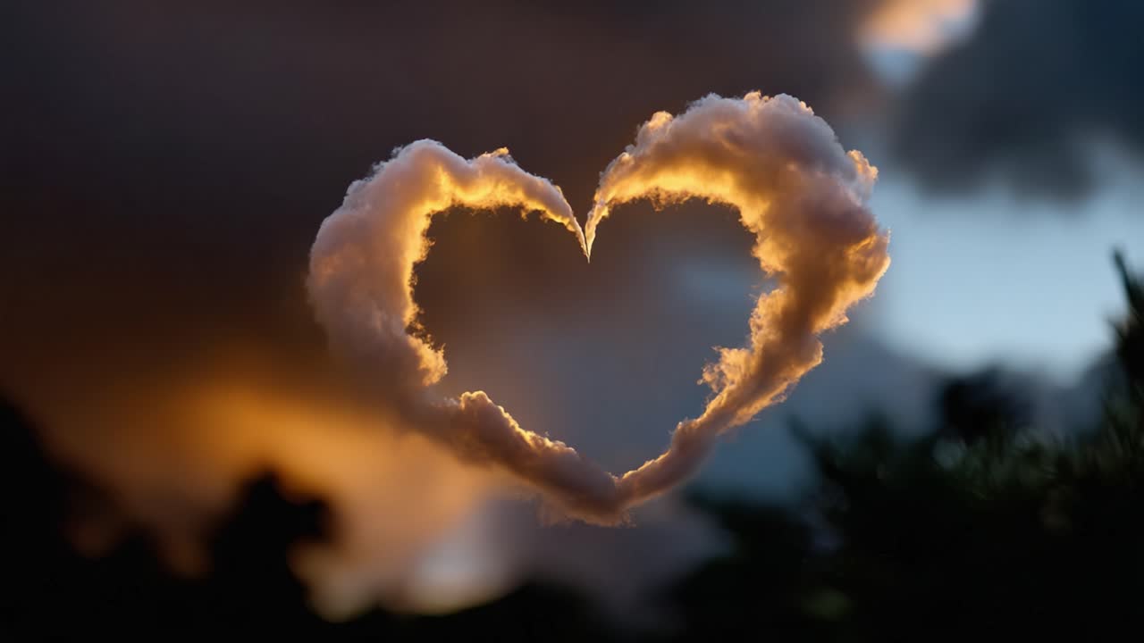 A stunning formation of clouds shaped like a heart against a colorful sky, capturing a moment of beauty and tranquility in nature's canvas at sunset