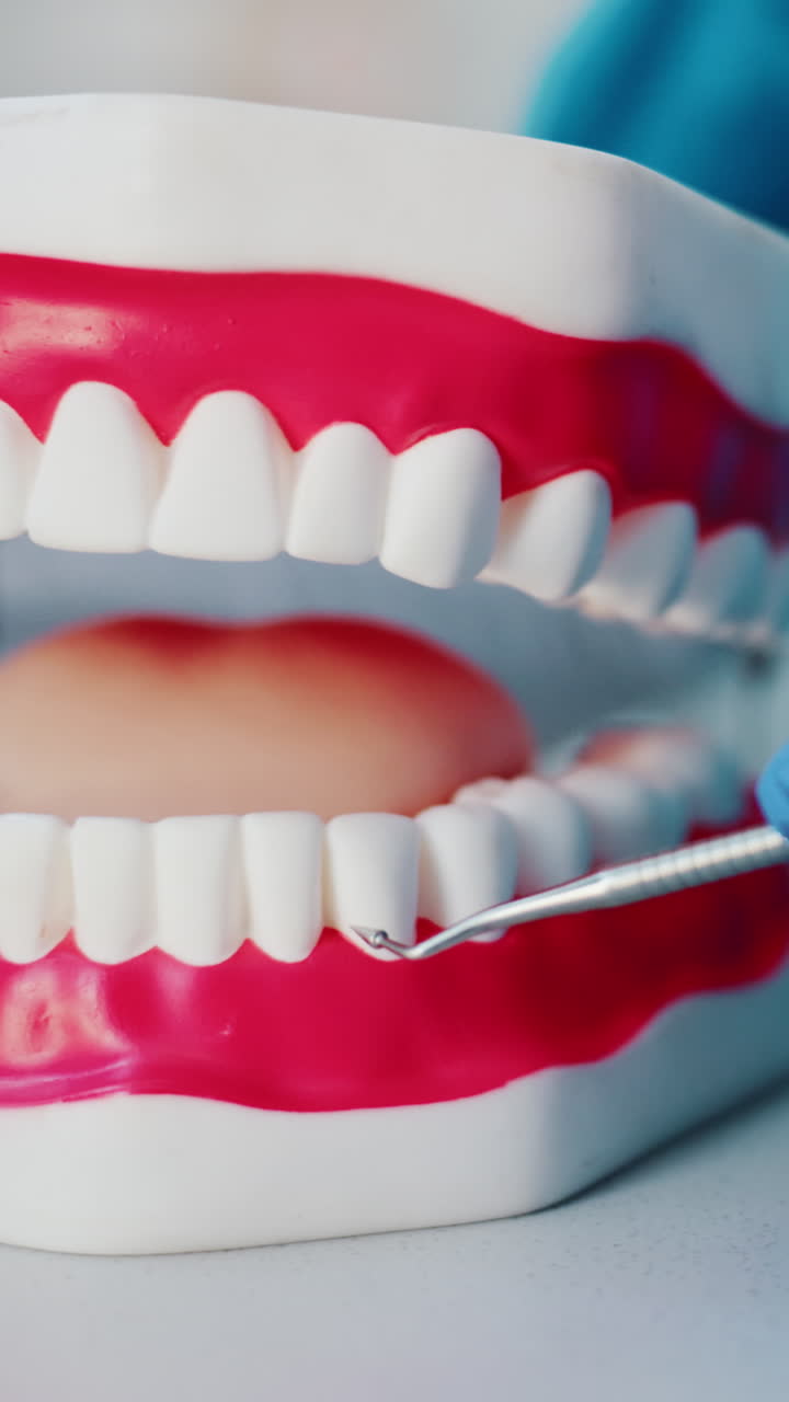 Dentista che dimostra l'igiene orale su un modello dentale con uno strumento