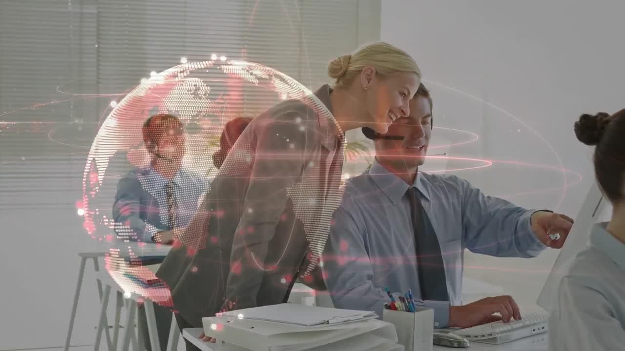 animación de la red de conexiones con el mundo a través de personas de negocios que usan auriculares telefónicos