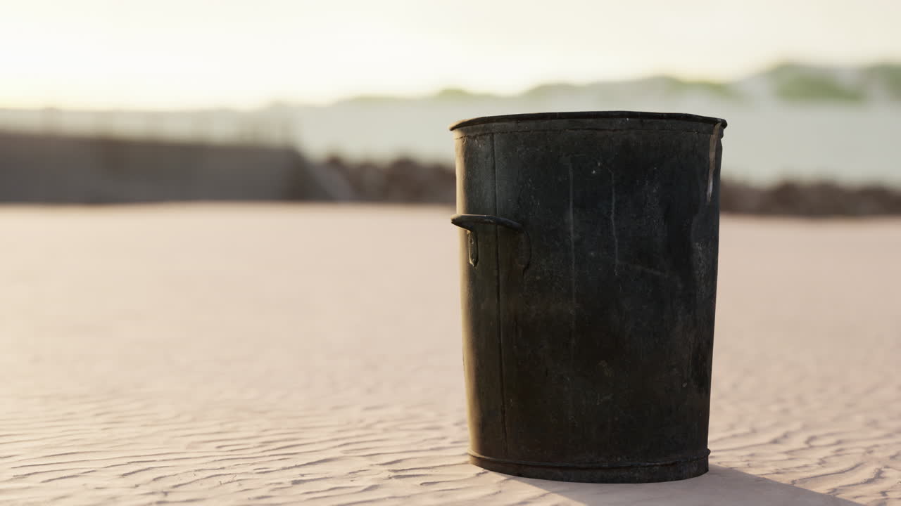 Gray metal garbage bin or trash can on the beach