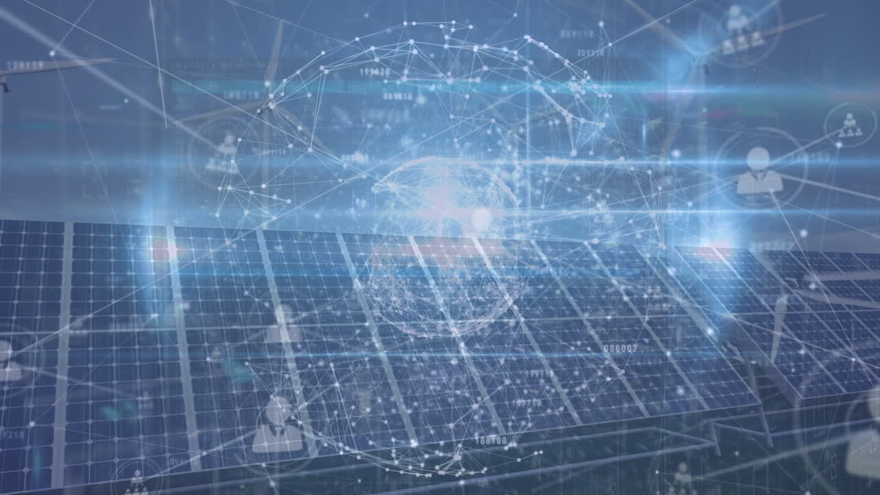데이터 처리, 프로파일 네트워크, 태양 전력 발전소에 대한 점을 연결하는 애니메이션