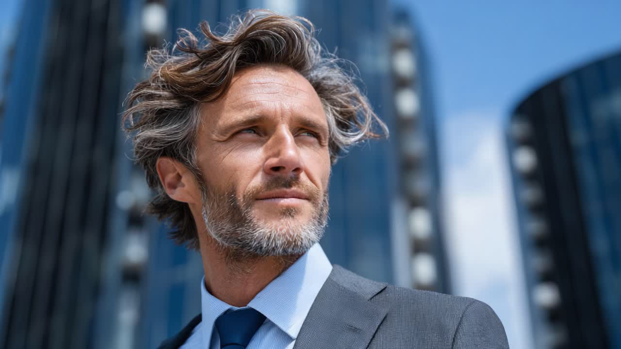 A Confident Professional in a Business Suit Stands Against a Modern Urban Skyline, Exuding Ambition and Determination Amidst Sleek Architectural Designs