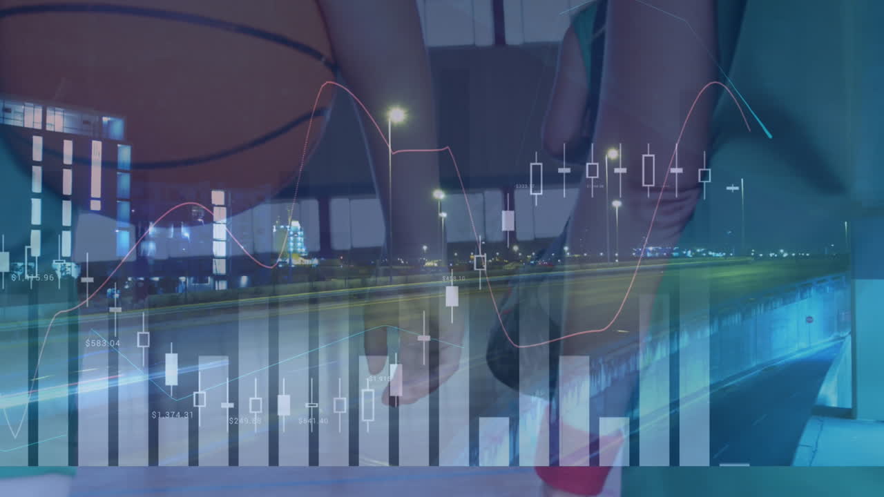 다양한 여성 농구 선수와 도시 풍경에 대한 금융 데이터 처리 애니메이션