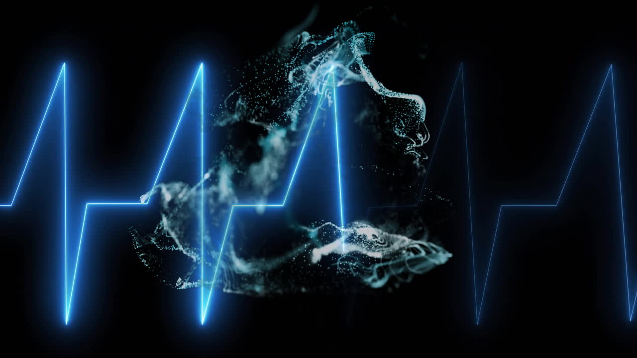 Animating heartbeat over swirling particles on black background