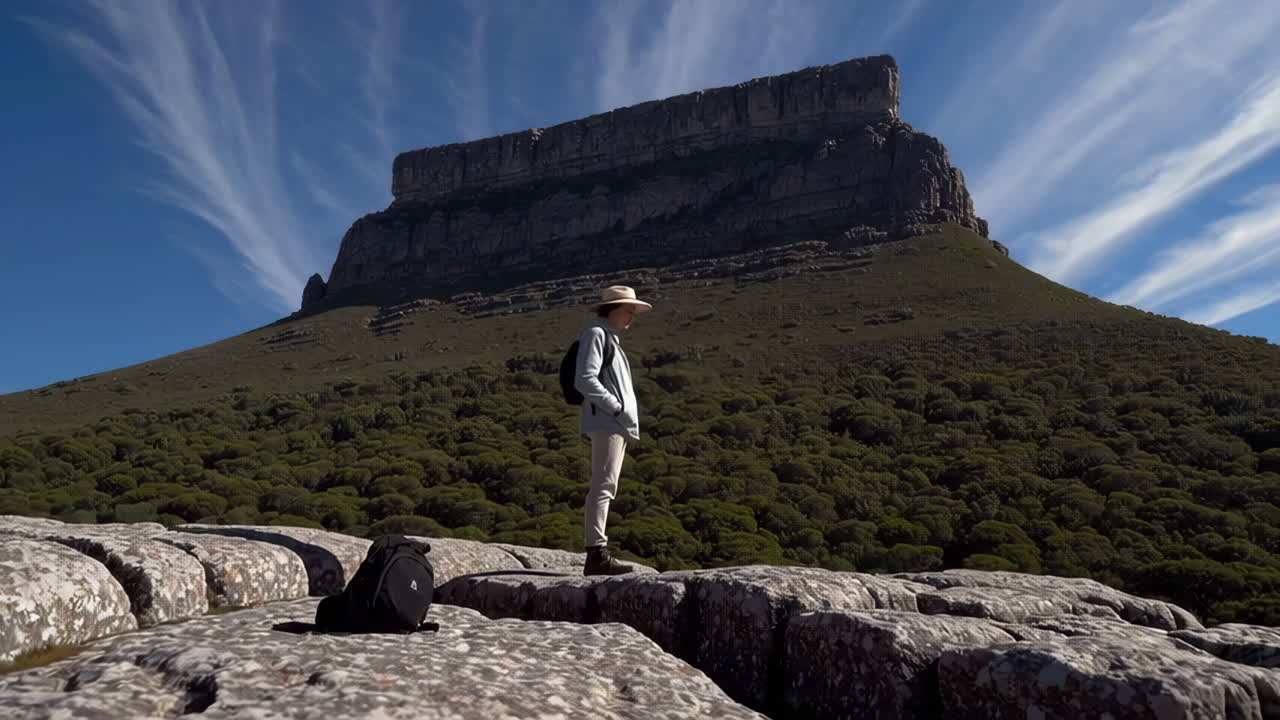 Hiker on Mountain Top with Majestic Cliff