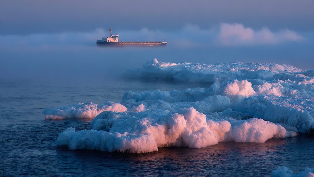 A Serene Winter Scene: A Ship Emerges from the Frosty Fog with Ice-Filled Waters Creating a Tranquil Seascape at Dawn