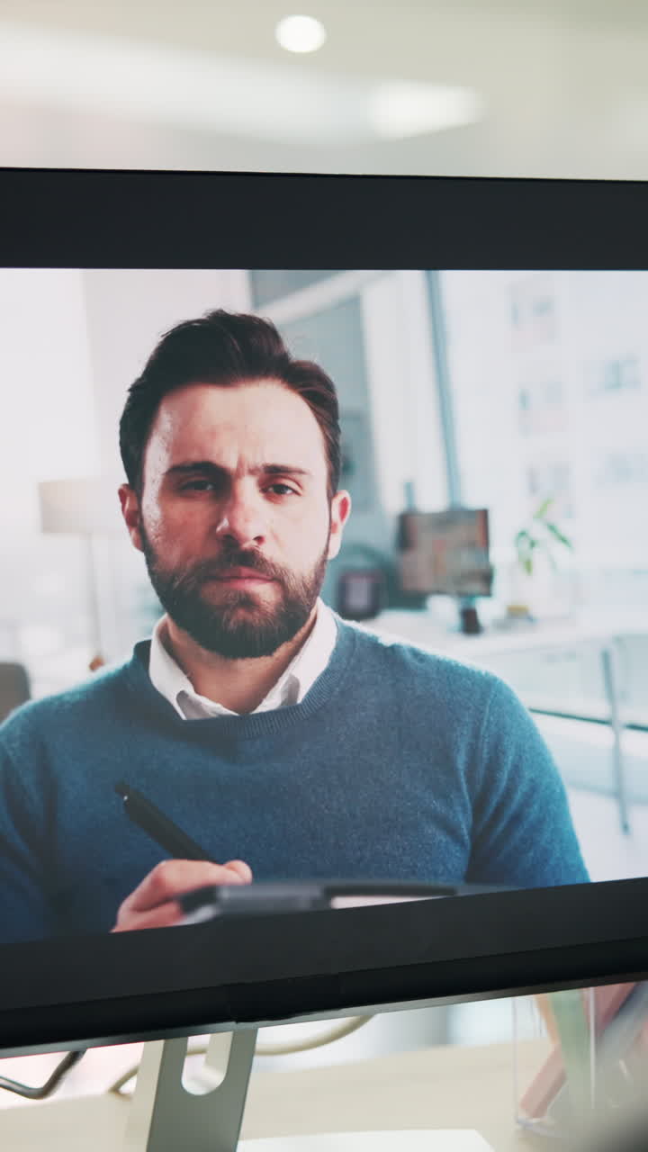 Professional Man on Video Call Using Digital Tablet in Office