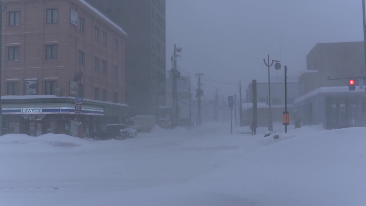 A crossroads in a snowstorm