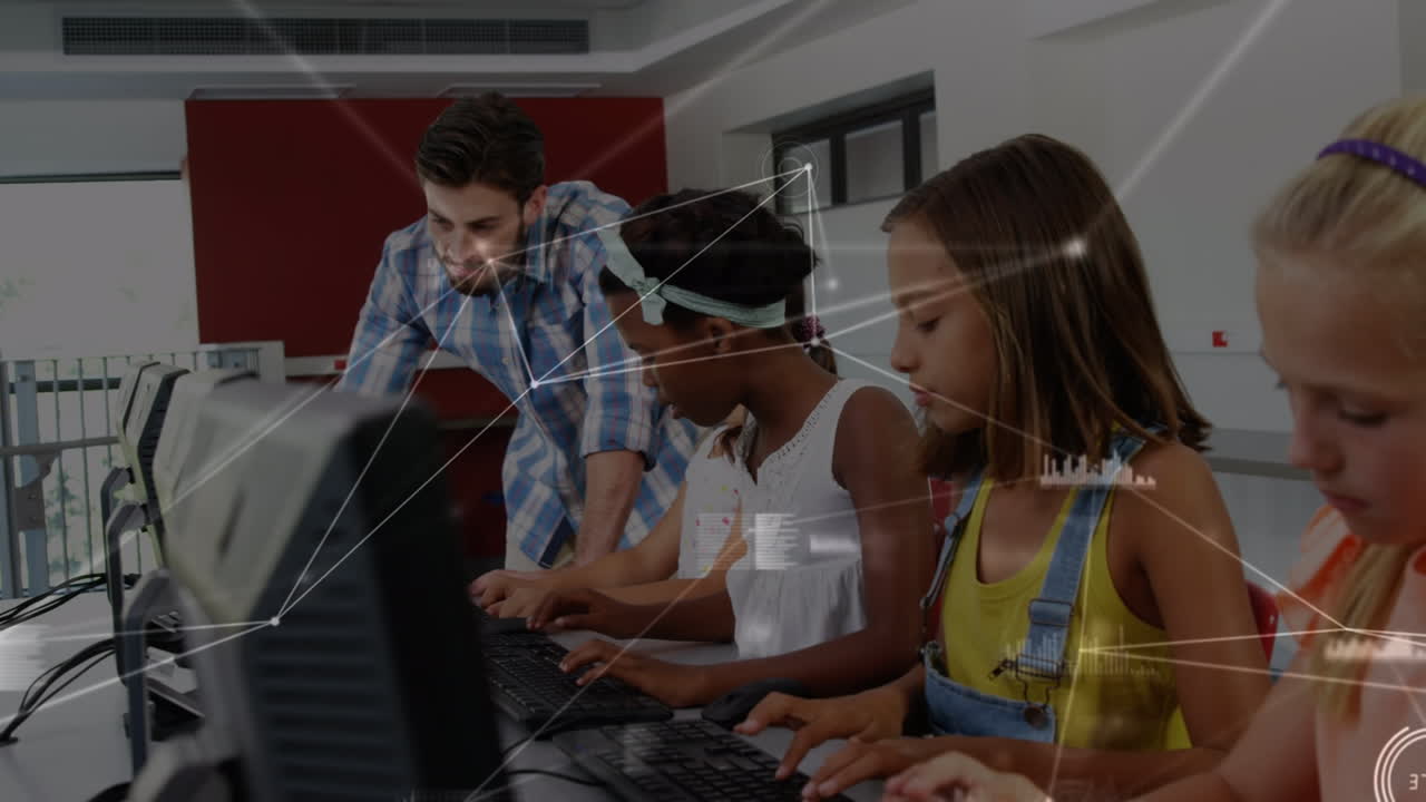 Animation of network of connections over diverse pupils using computers with male teacher