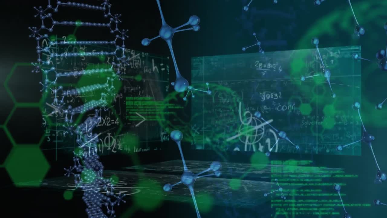 Animation of molecules, dna and scientific data on black background