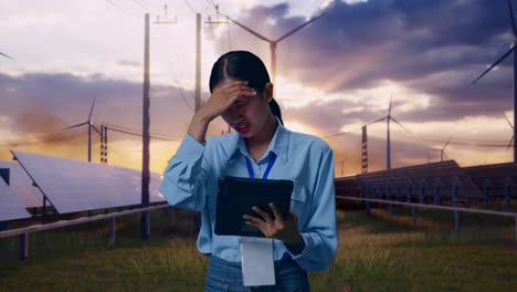 asian female with her tablet with solar panel and wind turbines, she is nodding her shead with dissapionted