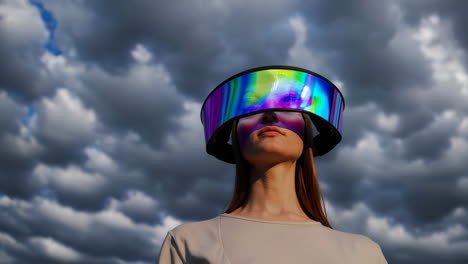 woman wearing futuristic iridescent visor against cloudy sky