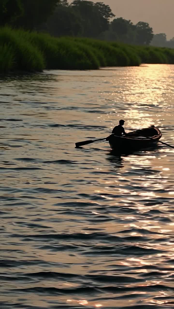 A serene video scene of a lone rower on a river at sunset, captured from a low angle