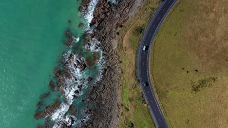 drone downward angle van driving at coast new zealand south island