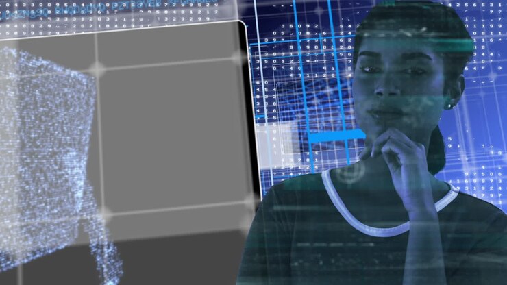 Animation of data processing and world map over biracial woman