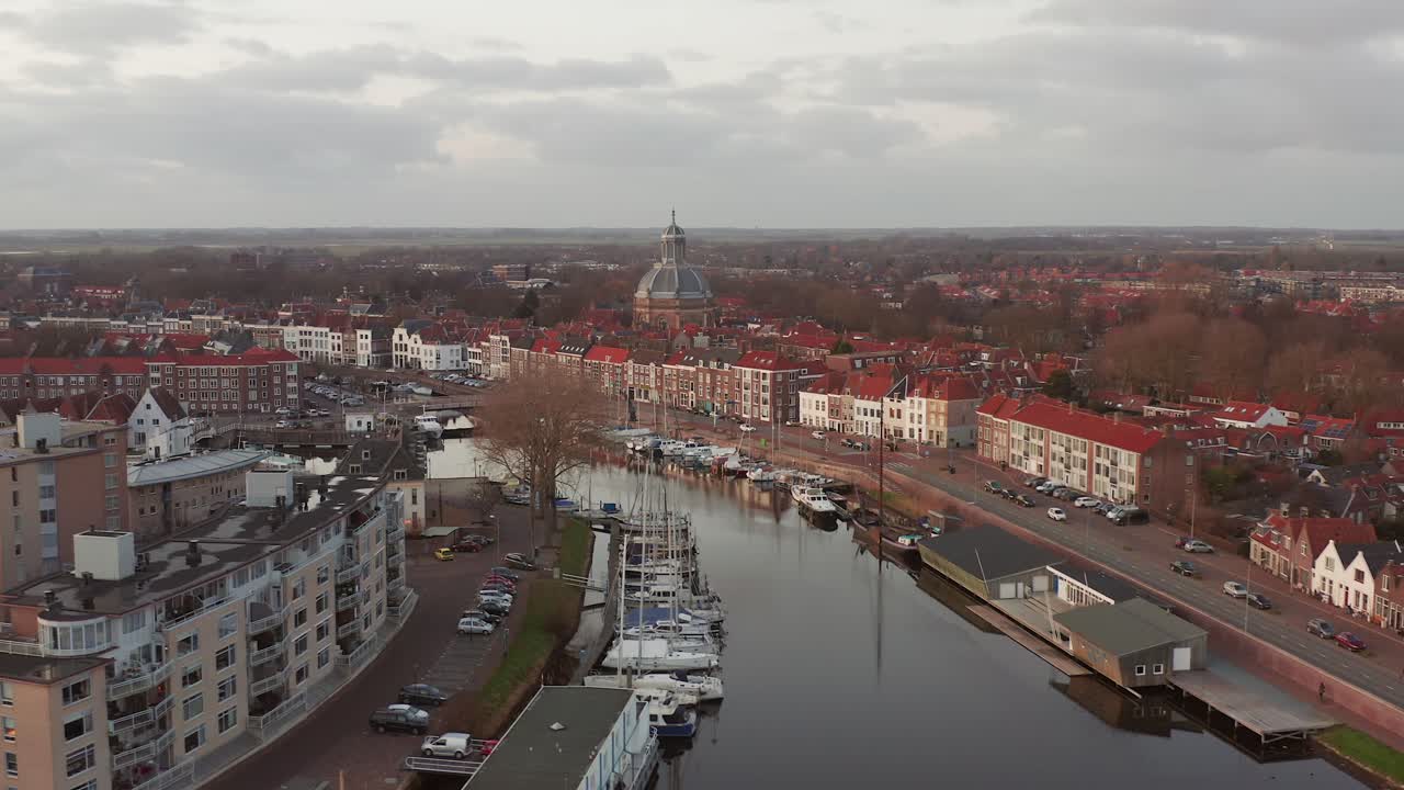 Drone shot of the historical marina in Middelburg during sunset