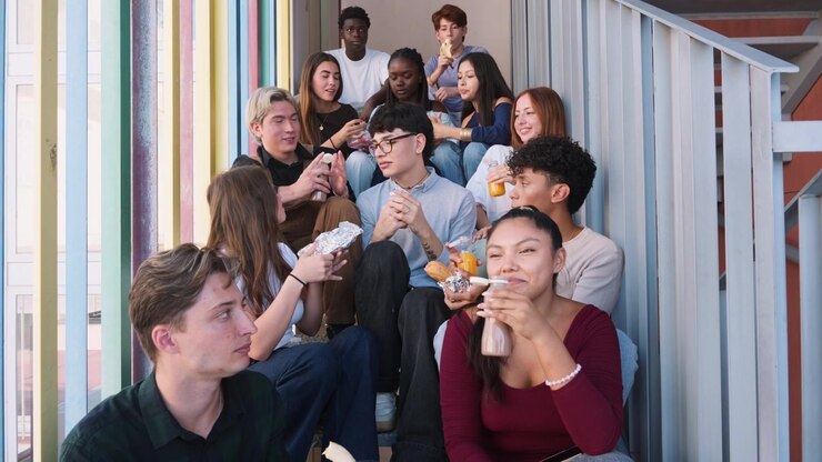 Diverse Group of Students Eating Lunch on Staircase