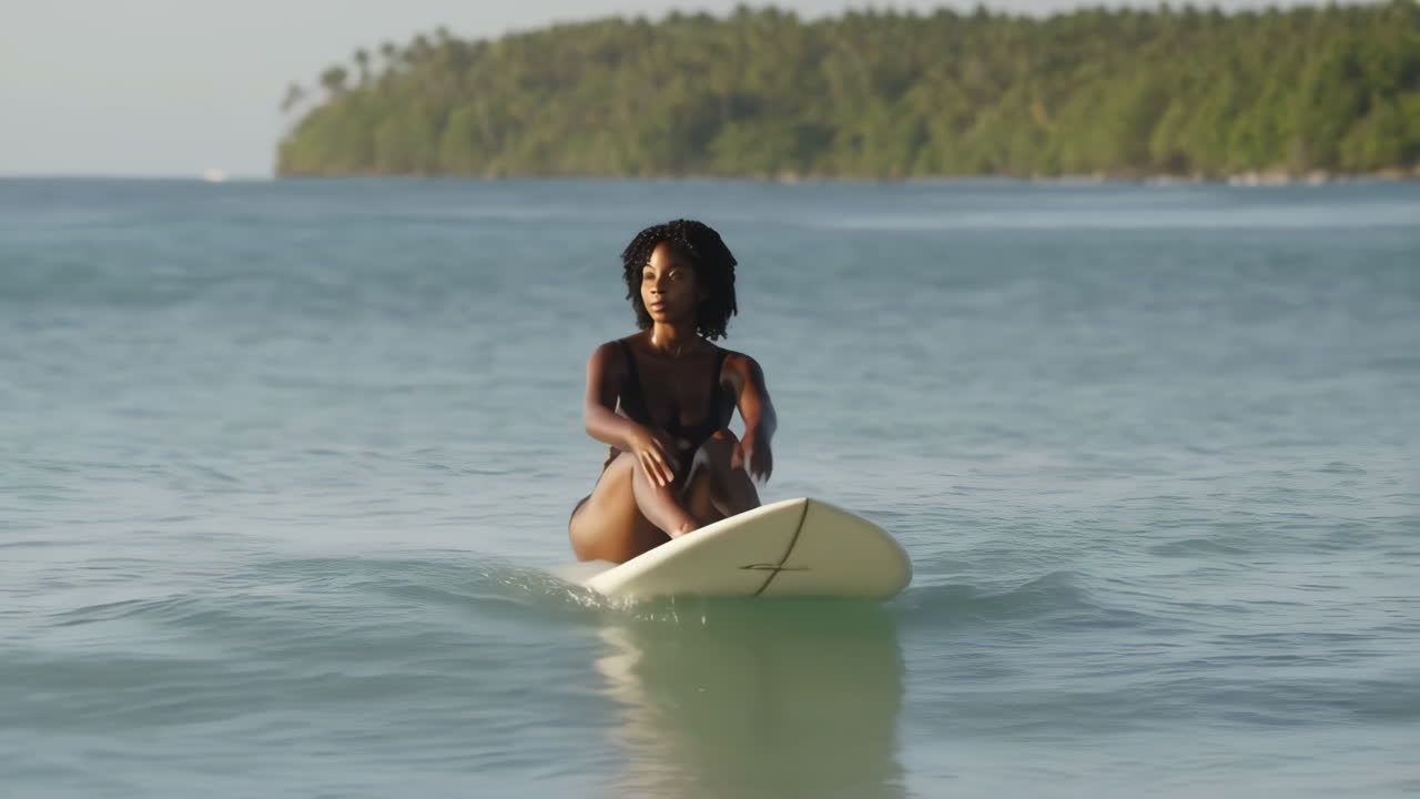 Woman sitting on a surfboard in the ocean