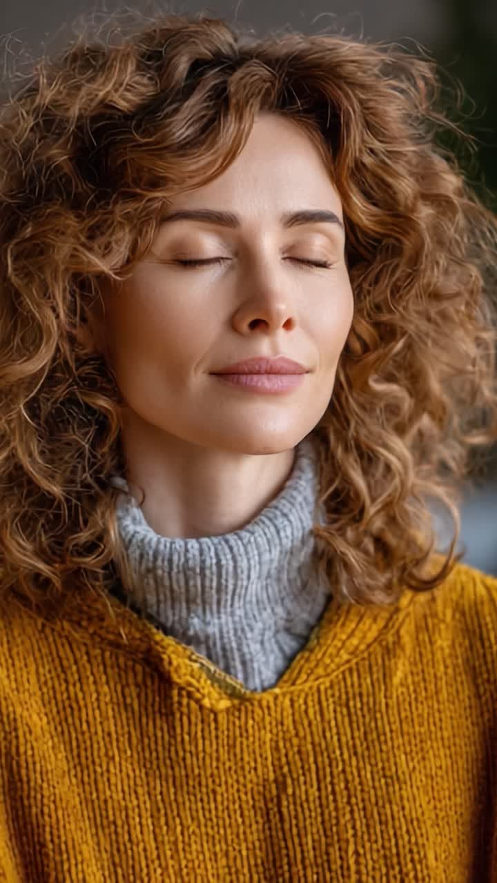 A Serene Transformation: Capturing a Woman's Journey from Tranquility to Awareness Through Subtle Changes in Expression and Mood in a Cozy Setting