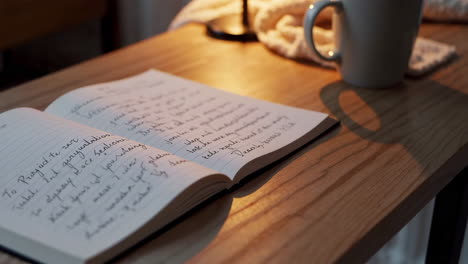 cozy study desk with open notebook and mug