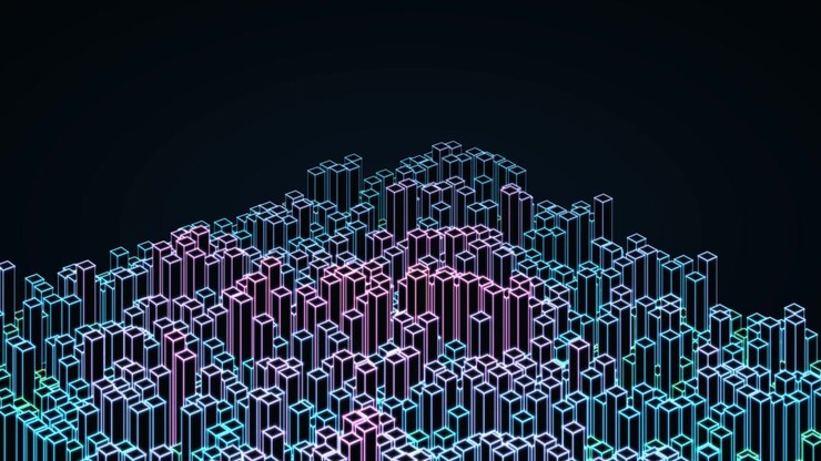 Glowing neon wireframe 3d bar chart data visualization, futuristic landscape with pink and cyan outline columns
