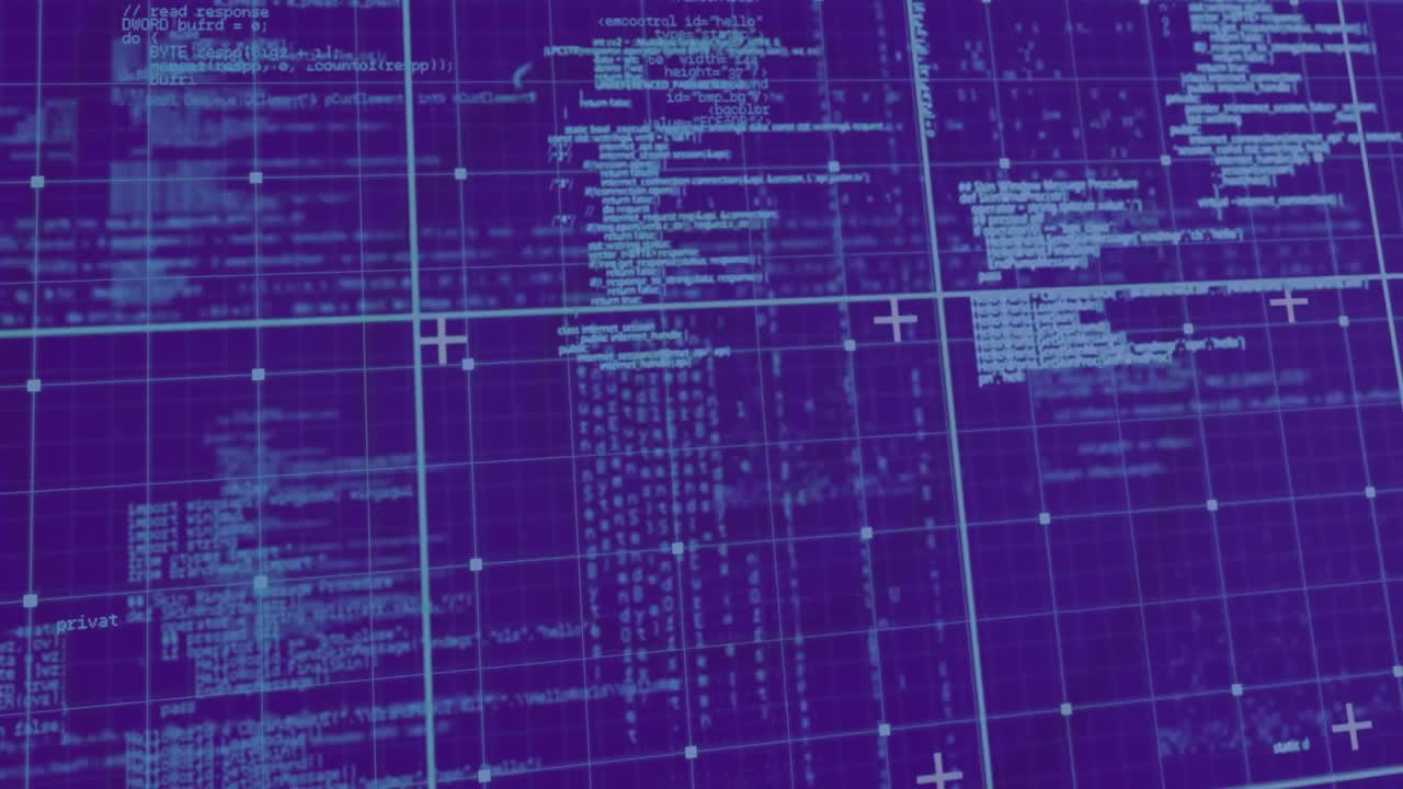 Futuristic data grid being animated on purple-blue backdrop with code clusters, nodes, plus symbols