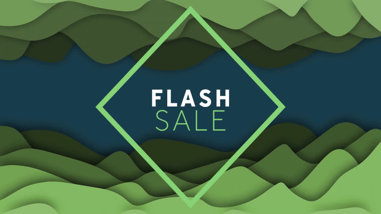 Animation of flash sale text over layered green and blue abstract background