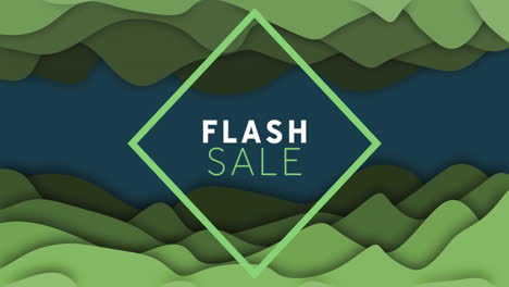 animation of flash sale text over layered green and blue abstract background