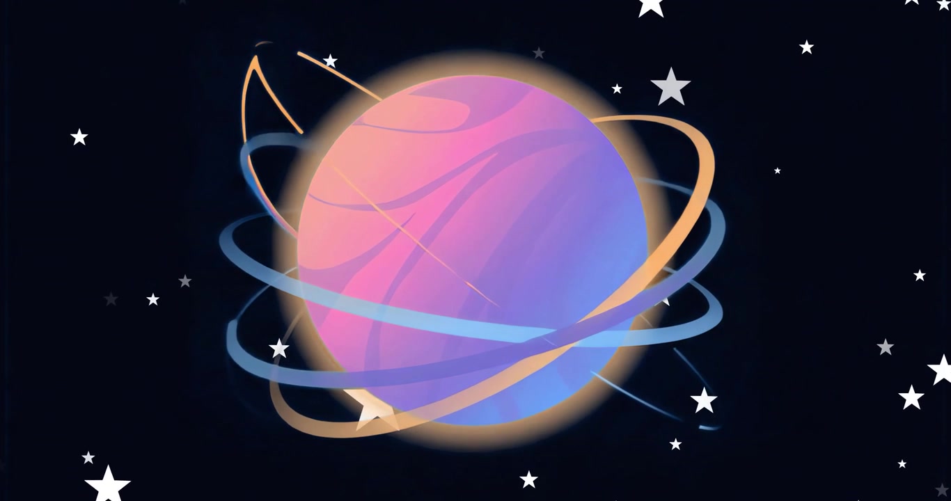 Pianeta viola-blu che appare nello spazio causando due anelli in orbita, stelle che fluttuano, scie che scivolano