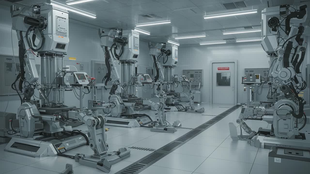 Advanced Robotics Workshop: A High-Tech Environment Showcasing Cutting-Edge Robotic Arms in a Sleek, Modern Facility Designed for Innovation and Engineering Excellence
