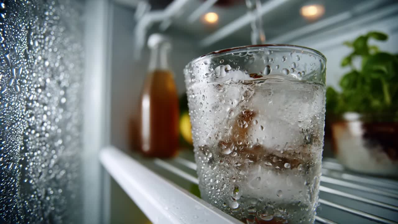 Chilled Refreshment: A Close-Up View of a Frosty Glass with Ice Cubes, Captured in a Condensation-Drenched Refrigerator with Lush Green Herbs in the Background, Perfect for a Thirst-Quenching Experience