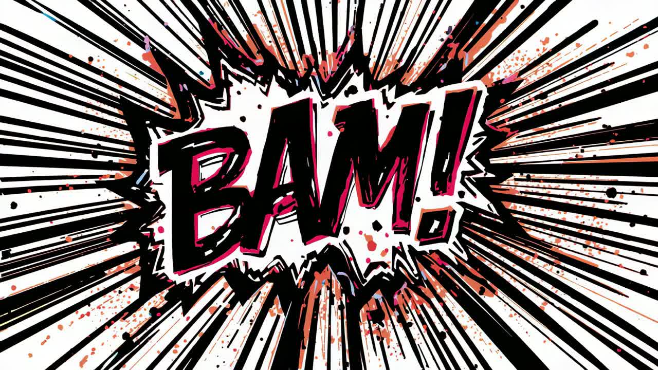 BAM!-Explosion mit Frame1, die in einem Comic-Panel pulsiert, Geschwindigkeitslinien, die den Aufprall zeigen