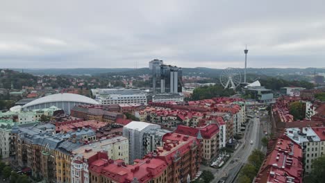 Flying-Over-The-Beautiful-District-Of-Lorensberg-Overlooking-The-Scandinavium,-Ferris-Wheel,-And-AtmosFear-At-Liseberg-Amusement-Park-In-Gothenburg,-Sweden