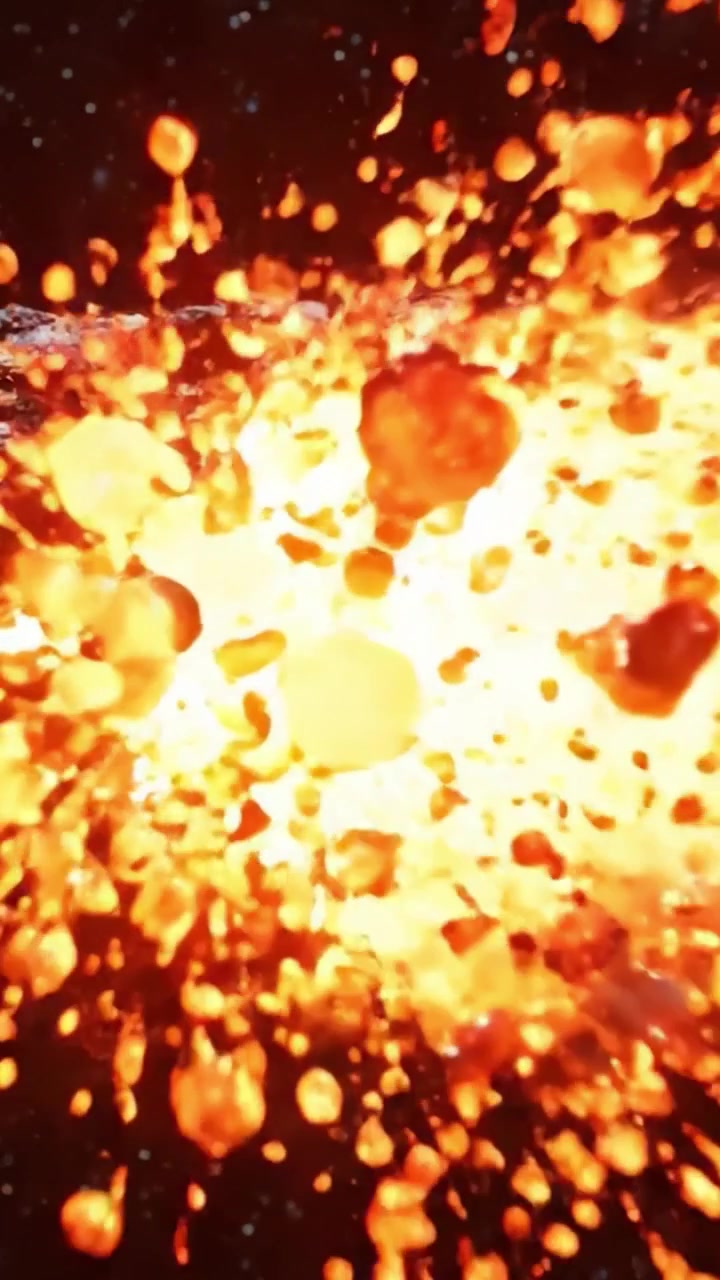 Un viaggio visivo mozzafiato attraverso un flusso di lava celeste: Assisti alla drammatica eruzione di roccia fusa e particelle di lava infuocate in uno sfondo cosmico