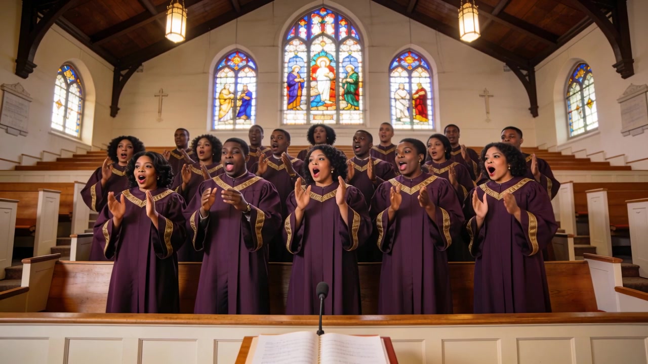Coro che canta in tuniche viola dopo l'inizio dell'inno, aumentando il volume sulle pedane del santuario con microfono e innario