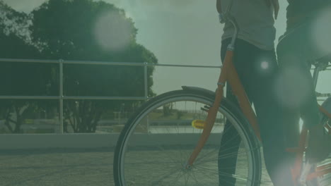 animation of light spots over biracial couple with bicycle at seaside