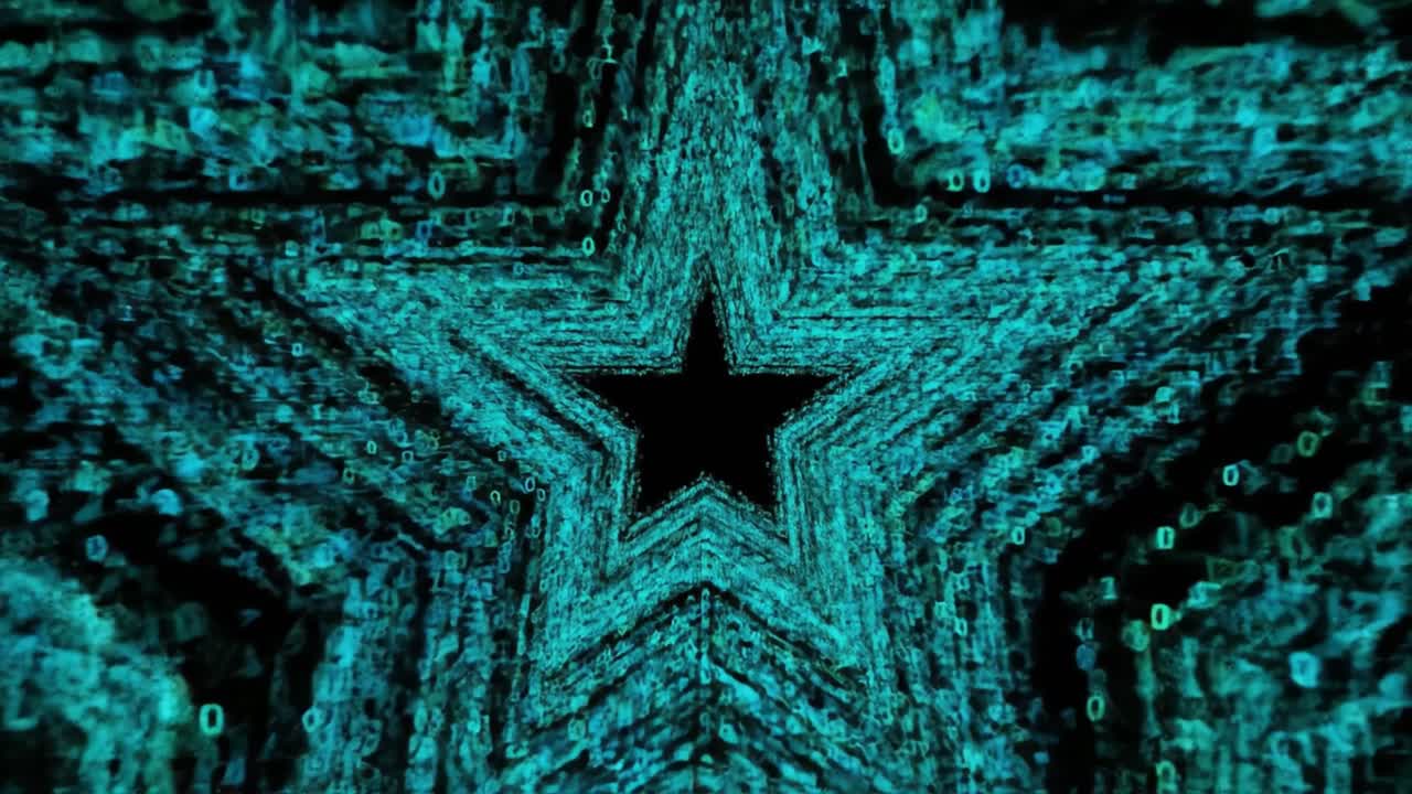 A star shape emerges from a multitude of glowing blue data particles. This colorful digital art piece features dynamic movement and intricate patterns creating an engaging visual experience.