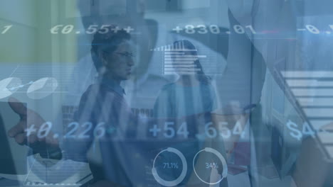animation of financial data processing over business people working in office