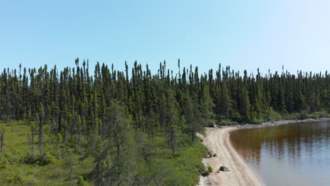 drone moviéndose directamente desde una playa para revelar un gran lago e islas en el norte de canadá