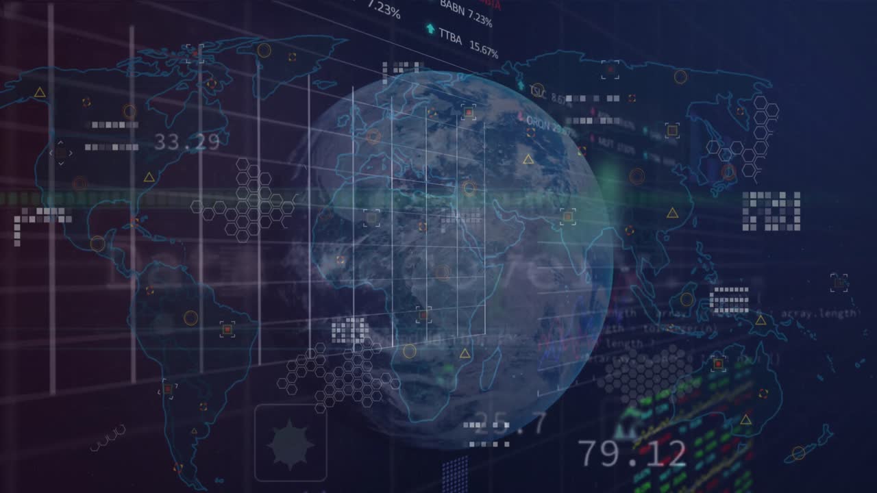 회전하는 지구와 세계 지도를 통해 통계 및 증권 시장 데이터 처리의 애니메이션