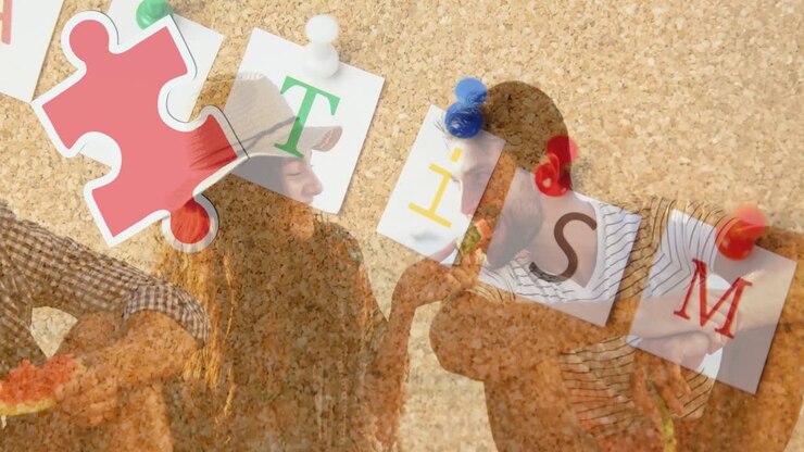 Animation of colourful puzzle pieces and autism text over happy friends at summer beach party