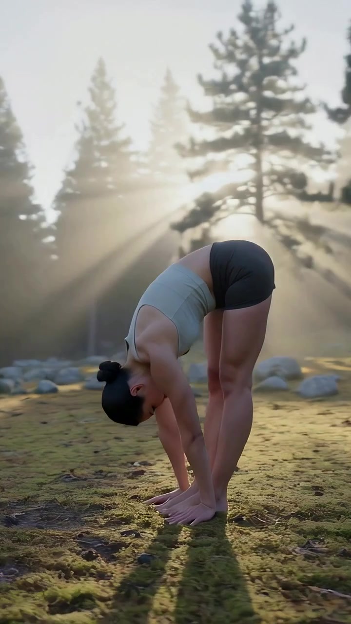 Vertical video: Folding woman starting upright, aligning in woods, sunrays, in tank top, shorts