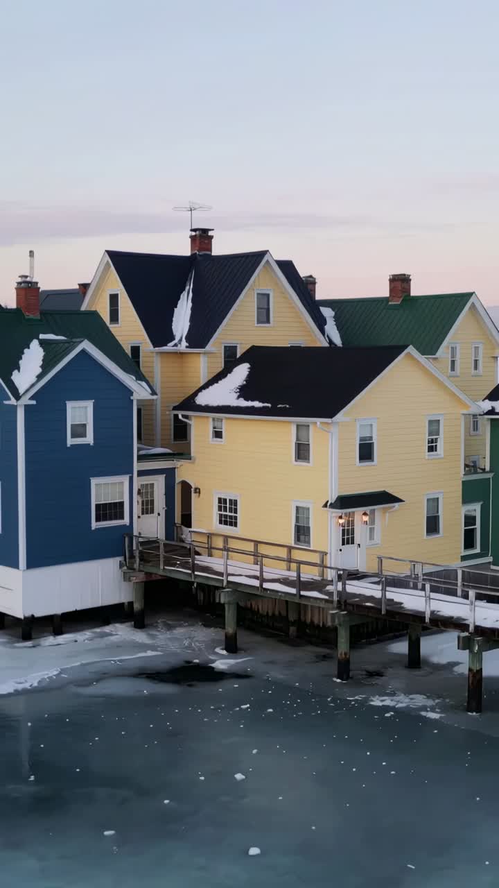Vertikal video: Bevægeligt kamera afslører pastel vandkantshuse på pæle ved havnen og flydende is
