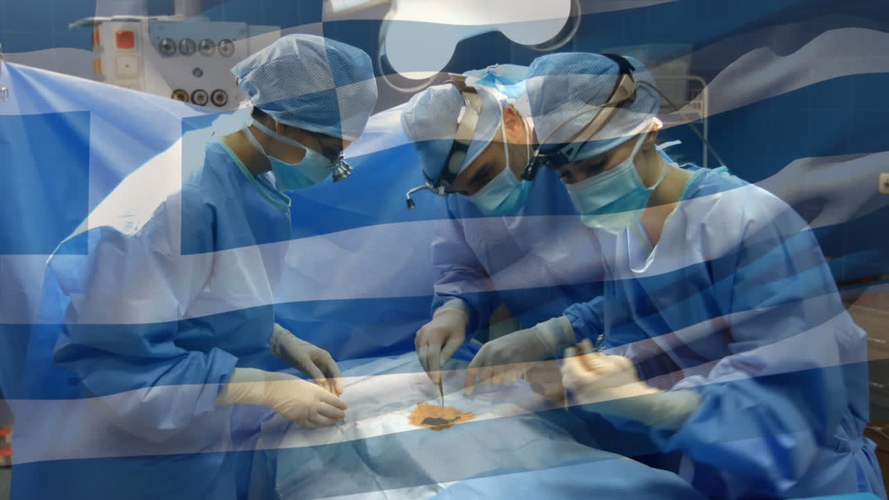 수술실 에 있는 외과 의사 들 위 에 그리스 국기 가 흔들리는 애니메이션