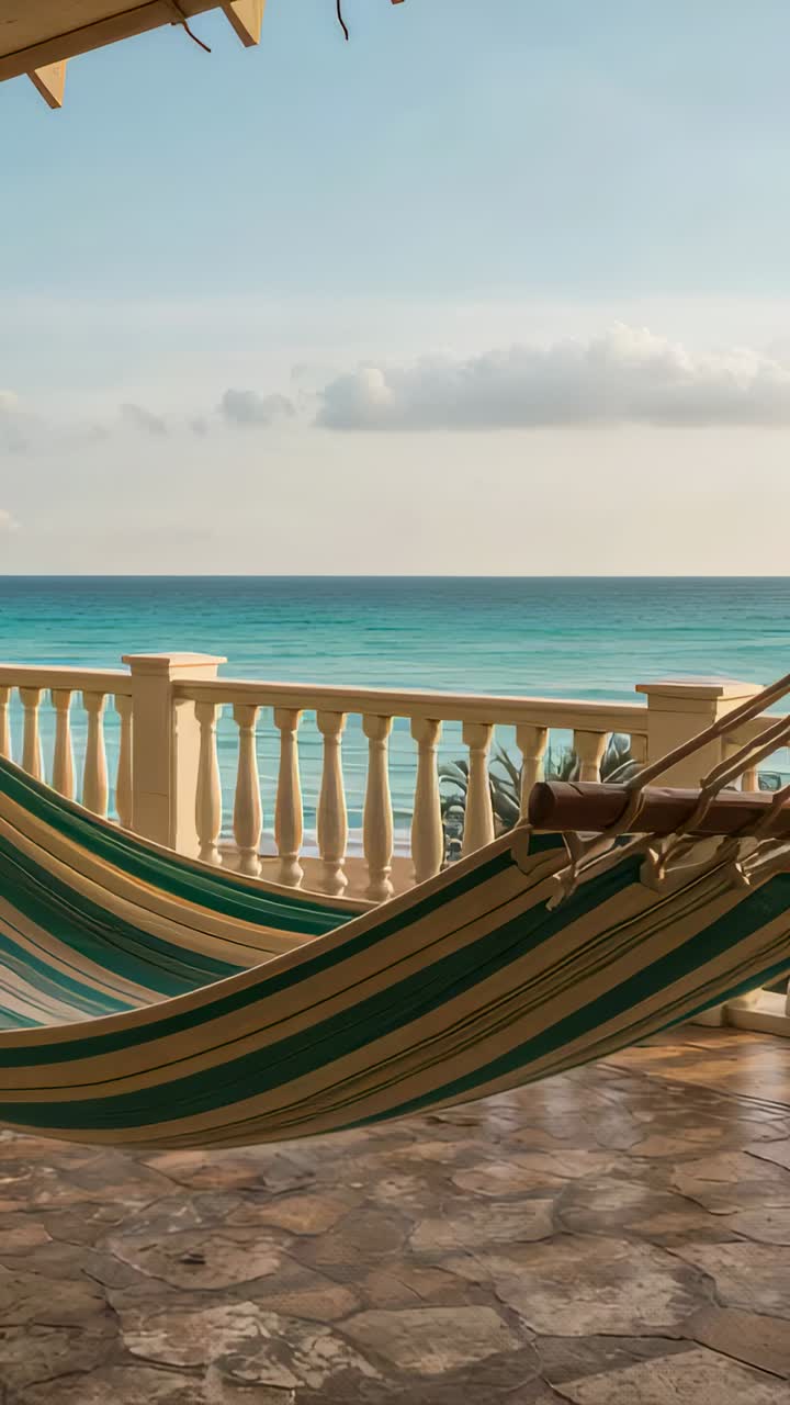 Vertical video: Swaying striped hammock with bars on veranda from gentle breeze, palm fronds moving