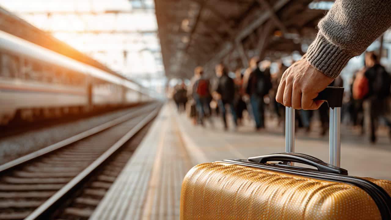 A Traveler's Journey: Capturing the Moment at an Urban Train Station with a Yellow Suitcase as Passengers Hurry by on Their Way to Their Destinations