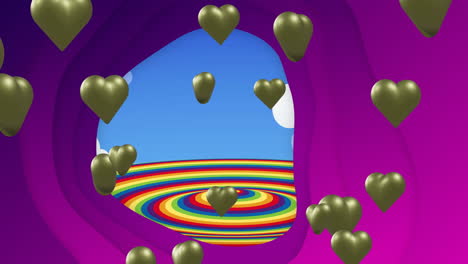 Animación-De-Globos-Con-Forma-De-Corazón-Y-Patrón-Abstracto-Sobre-Círculos-De-Colores-Del-Arco-Iris