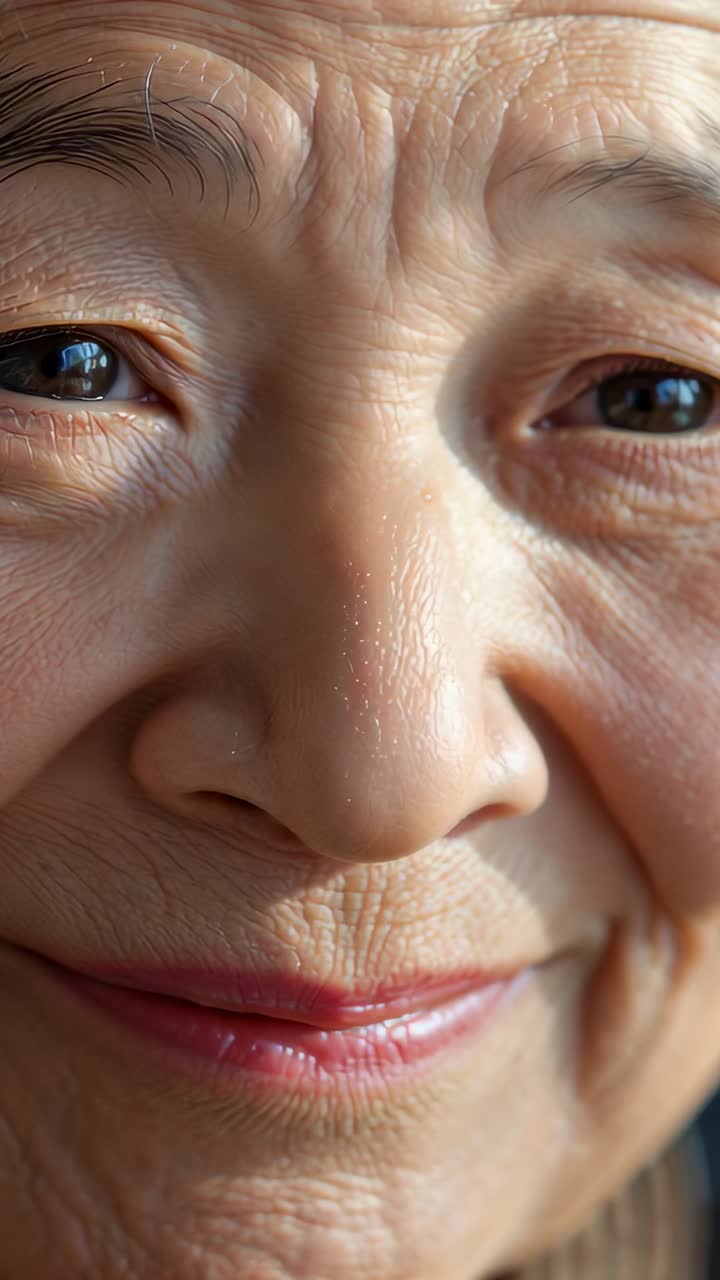Vertical video: Smiling woman by window, camera starting, posing, showing pupil glint and lip gloss