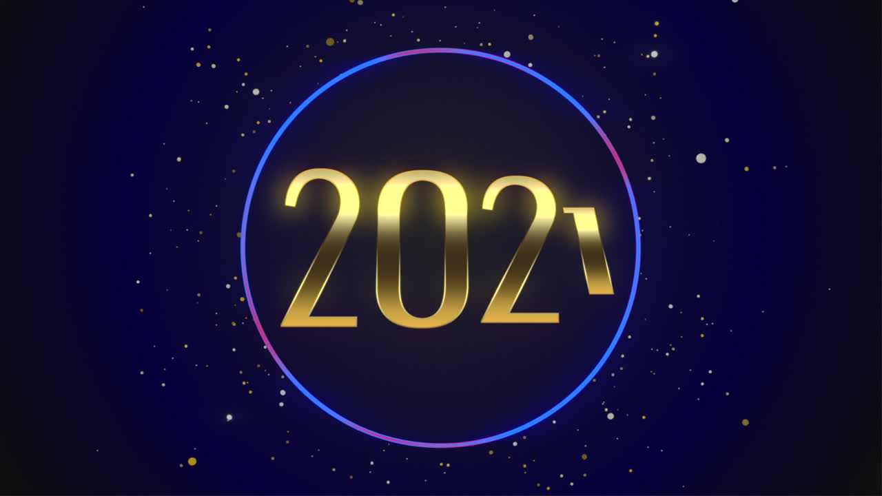 primer plano animado 2021 texto y copos de nieve azules voladores con brillo en el fondo de vacaciones