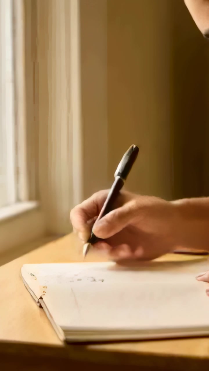 Vertical video: Pen touching paper, man writing notes at desk by window in notebook, copy space